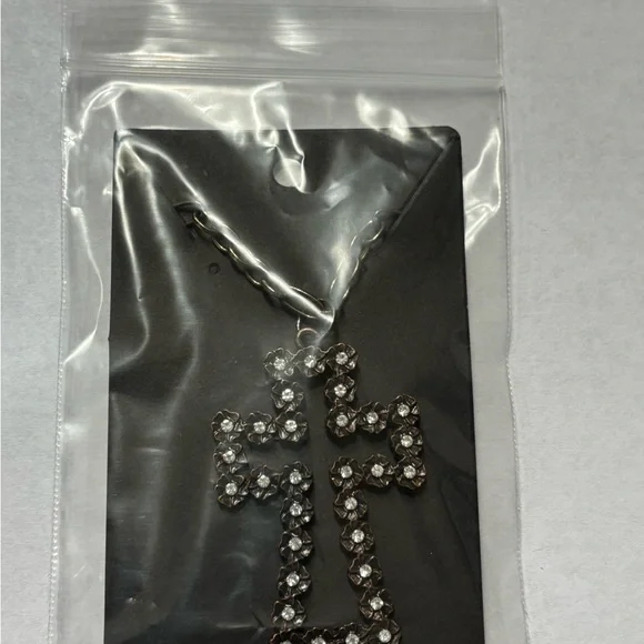 Unique Bronze Cross Pendant Necklace With Silver Crystal Accents. NWT - Picture 3 of 5